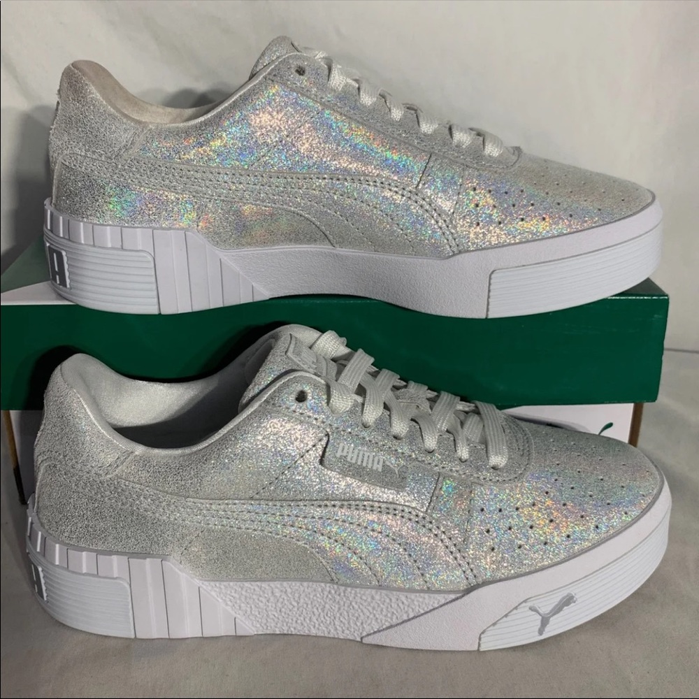Puma Cali Shimmer Holographic Rainbow Glitter Silver White Shoes Womans NWB - Picture 4 of 7